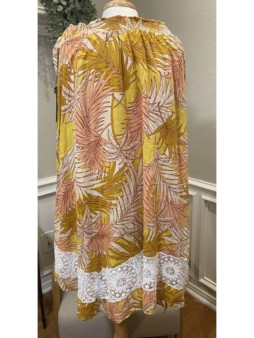 Tahari Skirt Women's Large Palm Print Linen Boho Split Maxi NWT Lace Mustard